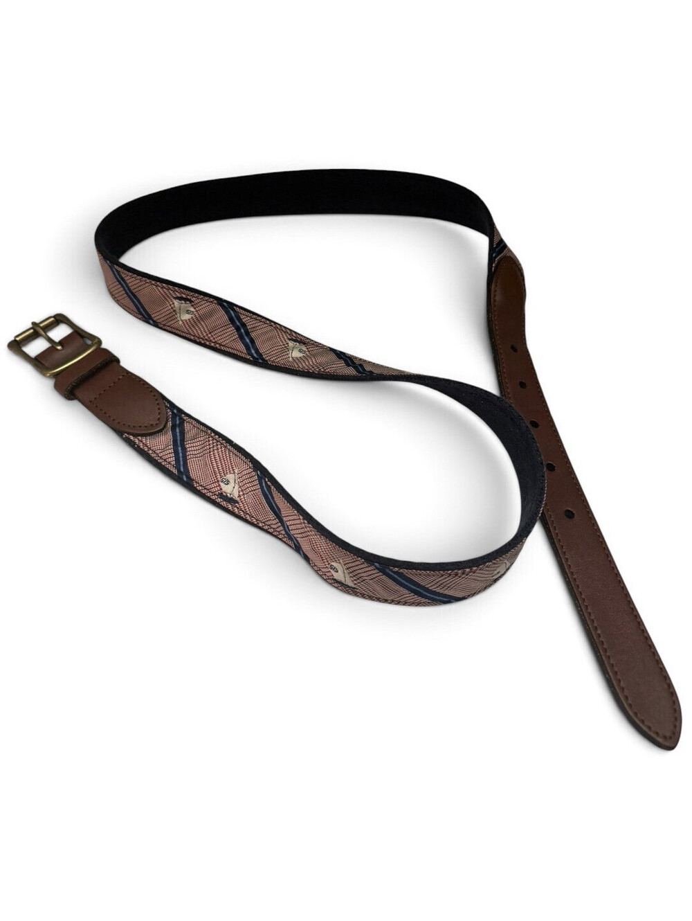 Lands' End Men's Dress Belt Plaid Brown/Blue Brass Buckle Adjustable Size 40